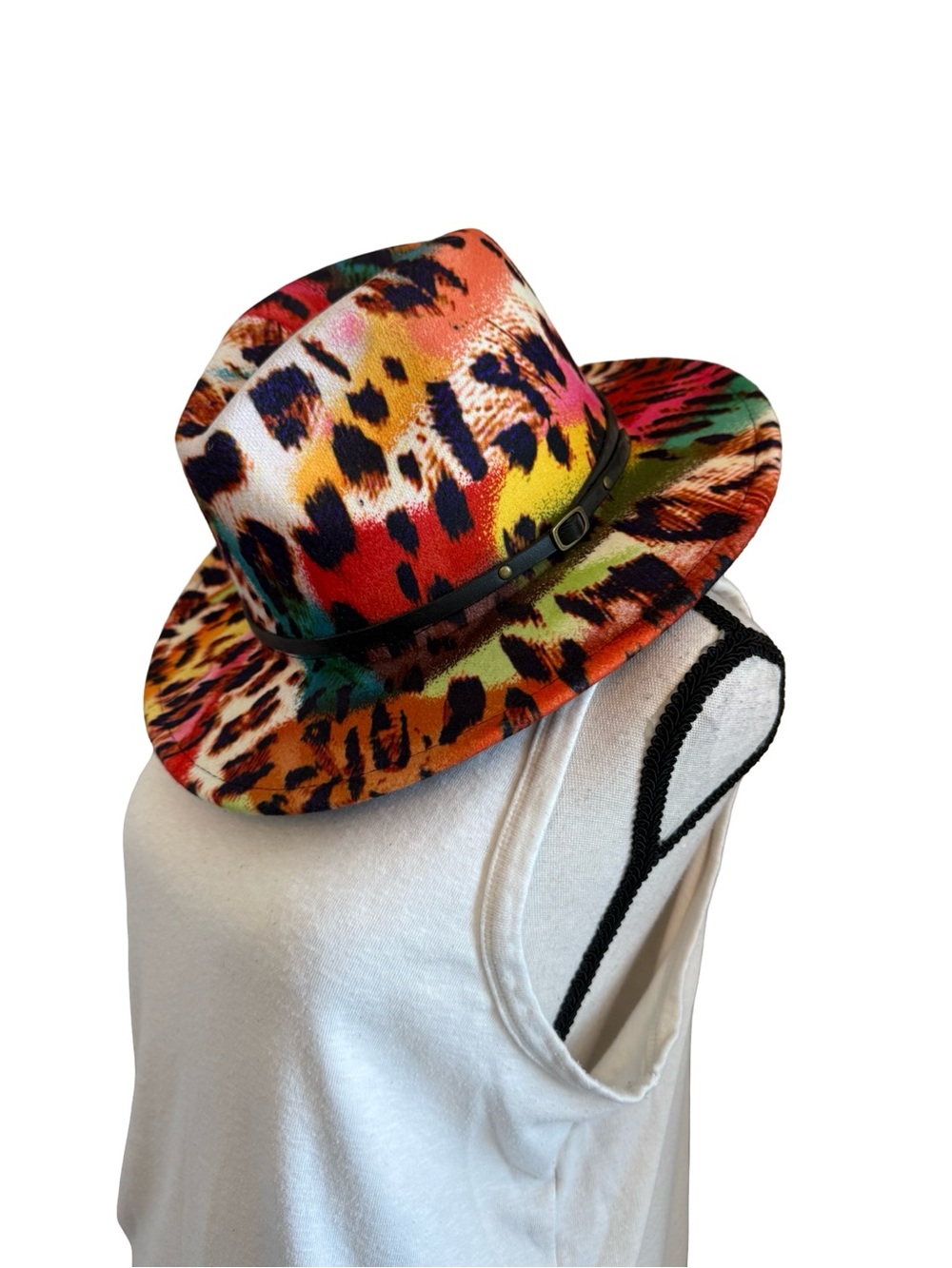 Multicolor Leopard Print Fedora Hat Adjustable Wide Brim Boho Festival One Size